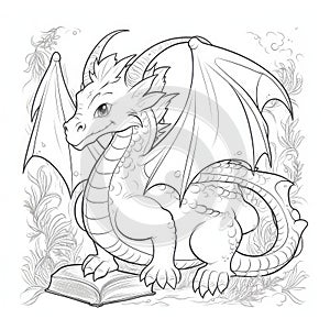 Cute Dragon coloring book page on white background.