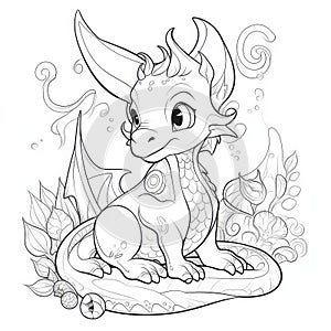 Cute Dragon coloring book page on white background.