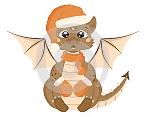 Cute dragon dressed in Santa Claus hat, scarf and mittens in cartoon style