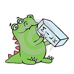 Cute dragon is drinking milk. Isolated vector illustration.