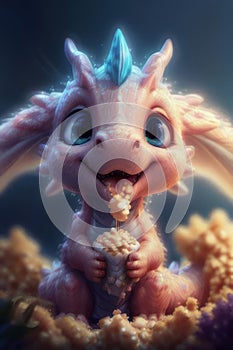 Cute dragon eats popcorn and watches a movie