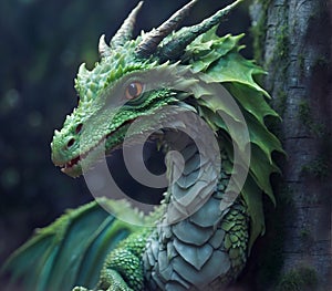 cute dragon female posing at wooden log. 2024 year chinise symbol. New year concept. AI generated