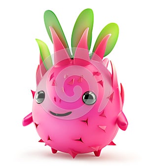 Cute dragon fruit character with green leaves
