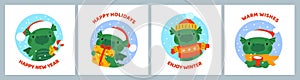 Cute dragon greeting cards. Funny green dinos with gifts. Sweet reptile in winter hats. Cartoon New Year characters