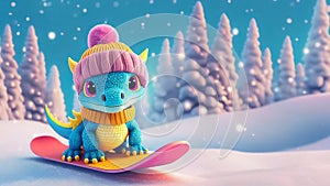 Cute dragon in a knitted hat on a snowboard. Year of the Dragon concept.