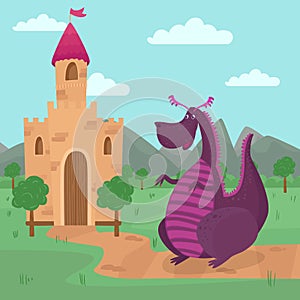 Cute dragon standing in front of a castle, fairy tale story for children vector Illustration