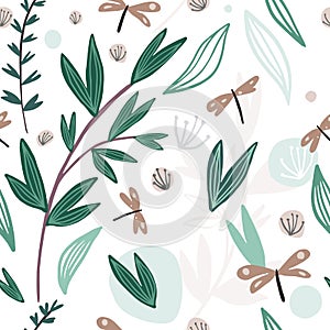 Cute dragonfly, dandelion, branch and leaves seamless pattern. Floral background. Scandinavian style