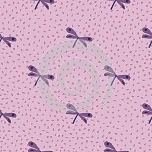 Cute dragonfly seamless pattern on dotted background. Simple dragonflies wallpaper