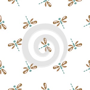 Cute dragonfly seamless vector pattern. Light beige and blue insect beetle print on white neutral background.