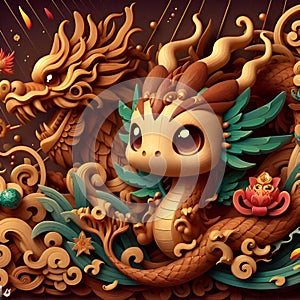 The cute dragons in wood elements, with chinese new year theme, fantasy realistic art, magical animal design, wallpaper