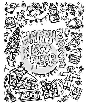 Cute drawing doodle cartoon happy new year 2023 theme. vector outline hand drawn for decorations Christmas and new year party ,