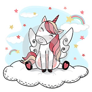 Cute drawing happy smile unicorn in pink with angle wing sit on fluffy cloud rainbow and stars