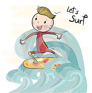A cute drawing surf boy on surfboard floating on big wave