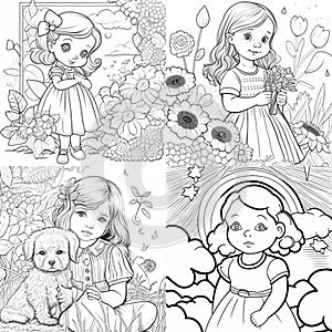 Cute drawings to color: animals, peoples, cats, dogs, night owl and girl with flowers. Cute drawings, night owl, girl with flowers