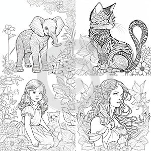 Cute drawings to color: bear, night owl and girl with flowers. Cute drawings, night owl, girl with flowers