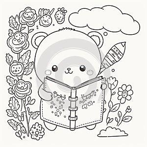 Cute drawings to color: bear, night owl and girl with flowers. Cute drawings, night owl, girl with flowers