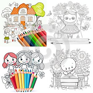 Cute drawings to color: bear, night owl and girl with flowers. Cute drawings, night owl, girl with flowers