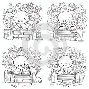 Cute drawings to color: bear, night owl and girl with flowers. Cute drawings, night owl, girl with flowers