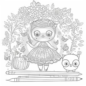 Cute drawings to color: bear, night owl and girl with flowers. Cute drawings, night owl, girl with flowers
