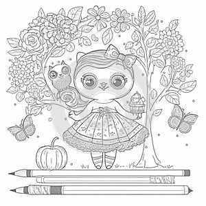 Cute drawings to color: bear, night owl and girl with flowers. Cute drawings, night owl, girl with flowers