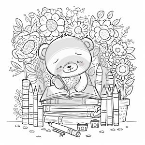 Cute drawings to color: bear, night owl and girl with flowers. Cute drawings, night owl, girl with flowers