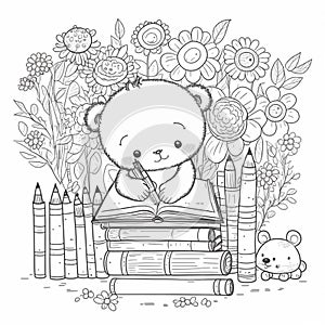 Cute drawings to color: bear, night owl and girl with flowers. Cute drawings, night owl, girl with flowers