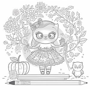 Cute drawings to color: girl, night owl and girl with flowers. Cute drawings, night owl, girl with flowers