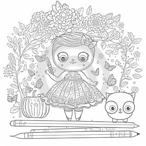 Cute drawings to color: girl, night owl and girl with flowers. Cute drawings, night owl, girl with flowers