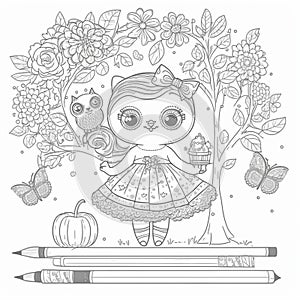 Cute drawings to color: girl, night owl and girl with flowers. Cute drawings, night owl, girl with flowers