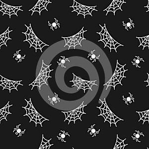 Cute drawn spiders and webs, seamless pattern. Halloween. Vector background