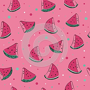Cute, drawn, watermelon seamless pattern with a dotted background