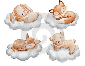 Cute dreaming bunny, deer, fox and bear on cloud. Cartoon hand drawn watercolor illustration. Baby animals set