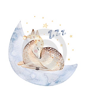 Cute dreaming cartoon deer animal hand drawn watercolor illustration. Sleeping charecher kids nursery wear fashion