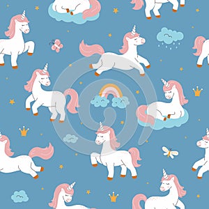 Cute dreaming unicorns seamless pattern. Vector sky background with clouds, rain, rainbow and stars