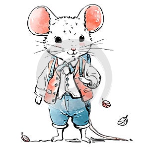 Cute dressed up mouse with a school backpack in autumn. Charming animal in clothes. Imperfect retro vector line illustration.