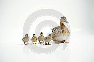 Cute duck and young duckling animals,Family walking on white background, Funny yellow group,AI generated