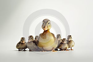 Cute duck and young duckling animals,Family walking on white background, Funny yellow group,AI generated