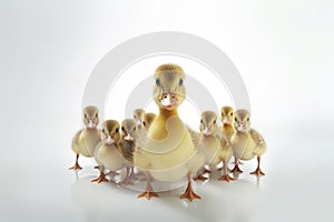 Cute duck and young duckling animals,Family walking on white background, Funny yellow group,AI generated