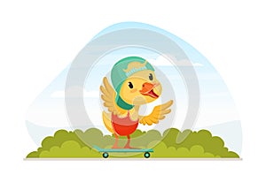 Cute Duckling Baby in Cap Riding Skateboard on Beautiful Summer Landscape Vector Illustration