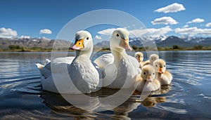 Cute duckling looking at camera in green meadow by pond generated by AI