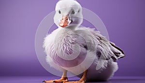 Cute duckling looking at camera, surrounded by fluffy feathers generated by AI