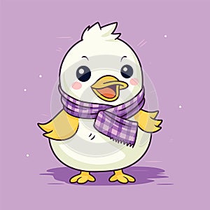 Cute duckling with a purple checkered scarf on a lavender background. Happy cartoon duck character ready for winter