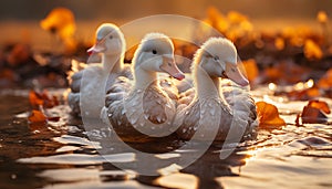 Cute duckling quacking on a green meadow near the pond generated by AI