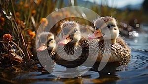 Cute duckling quacking, looking at camera in green pond generated by AI