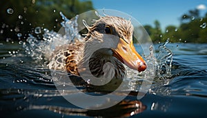Cute duckling quacking, looking at camera, swimming in pond generated by AI