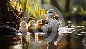 Cute duckling quacking, looking at reflection in pond water generated by AI