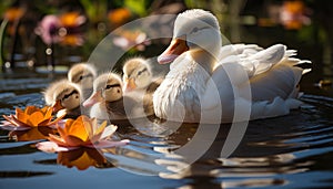 Cute duckling quacking, looking at swan in beautiful pond generated by AI
