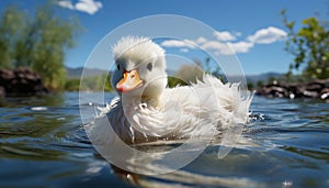 Cute duckling quacking near pond, surrounded by nature beauty generated by AI