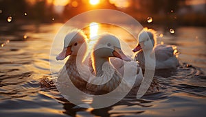 Cute duckling quacking by the pond, reflecting the sunrise beauty generated by AI