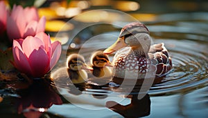 Cute duckling quacking in pond, surrounded by nature beauty generated by AI